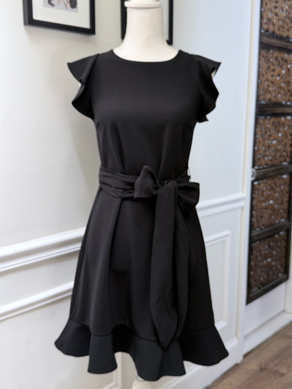 LOFT‎ Black Mini Dress Sz 0 Flutter Sleeve Belted Cocktail Wedding Guest Party